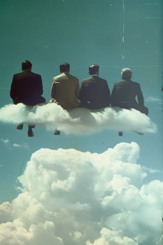 Four men in suits sit on a fluffy white cloud in the sky. The cloud is suspended in the air with a large, billowing cloud below them.  The sky is a pale blue-green color and there are white streaks across the image from scratches on the film.