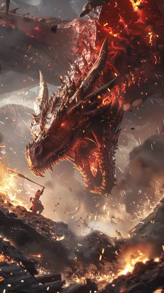 A fiery, red dragon, its scales glowing with molten heat, towers over a small figure wielding a weapon. The dragon's sharp teeth are bared in a menacing snarl, and its eyes blaze with anger. The scene is filled with chaos and destruction, with flames and debris engulfing the surroundings. The air is thick with smoke and the smell of burning flesh.  The battle is intense and desperate, with the outcome hanging in the balance.