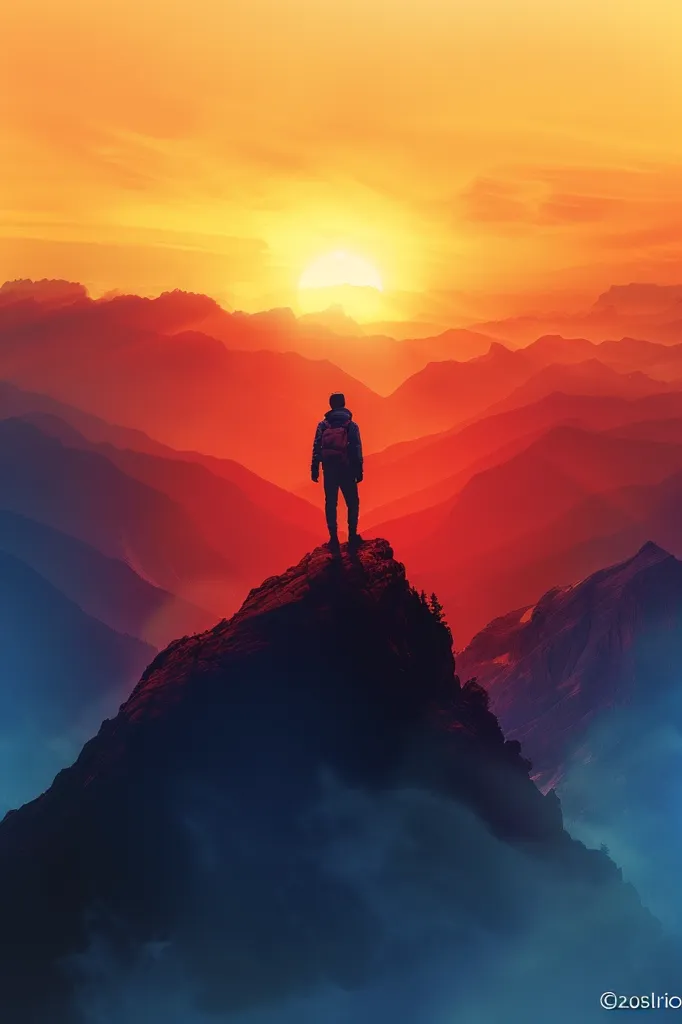 A lone figure stands silhouetted against the fiery orange and red sunset, atop a mountain peak. The vastness of the surrounding mountains is emphasized by the hazy, blue-tinged clouds that envelop the landscape. The scene evokes a sense of peace and solitude, captured in the stillness of the moment.