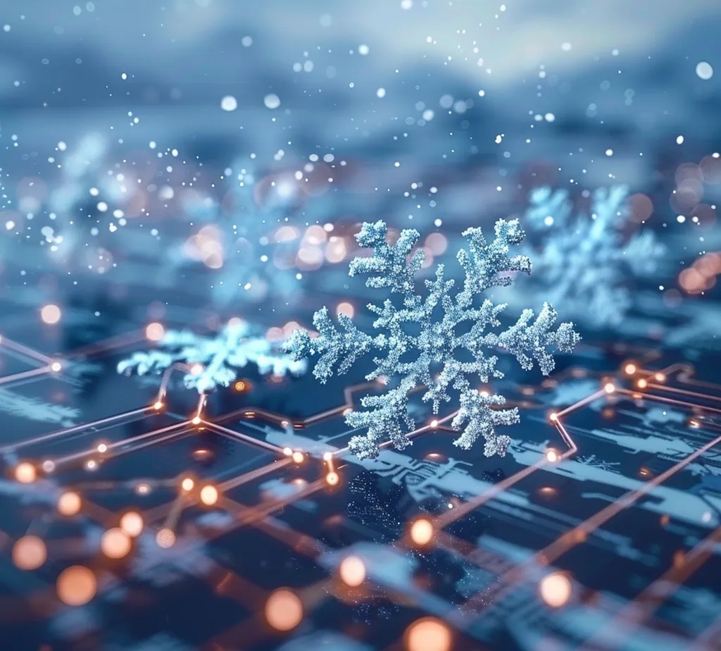 A large, detailed snowflake sits on a blue circuit board, with smaller snowflakes scattered around it. The circuit board is illuminated by warm, glowing lights, creating a contrast between the cool, icy snowflake and the warm, technological background. The image has a dreamy, ethereal feel, suggesting the connection between nature and technology.