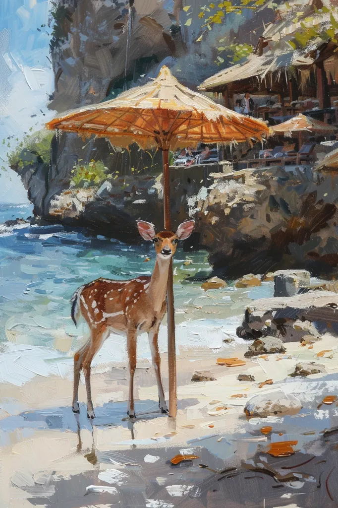 A deer stands on a sandy beach by the ocean, looking out at the water. The deer is brown and white with spots.  A large straw umbrella provides shade, and there are rocky cliffs in the background. The painting is done in a loose, impressionistic style.