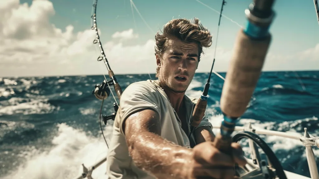 A man with windswept hair is fishing on a boat. He is holding a fishing rod in his right hand and is looking directly at the camera. The sea is choppy and the sky is blue with white clouds. The man is wearing a white shirt and there is a fishing rod in the background. The image is close-up and focused on the man's face and hand.
