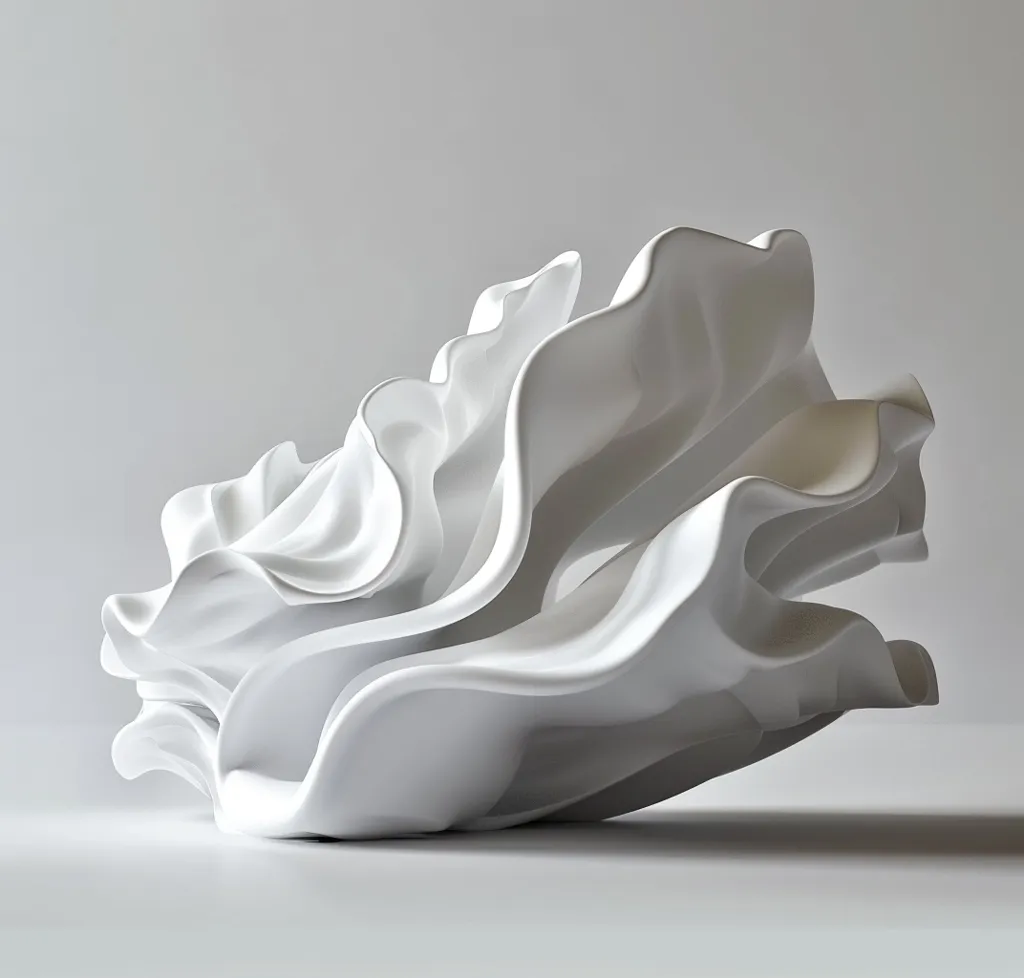 A large, abstract, white sculpture is positioned on a plain, white surface. The sculpture is formed of smooth, flowing curves, resembling a cluster of soft, interconnected clouds or waves. The piece has a minimalist aesthetic, creating a sense of movement and fluidity.  It is lit from above, casting soft shadows that accentuate the curves.