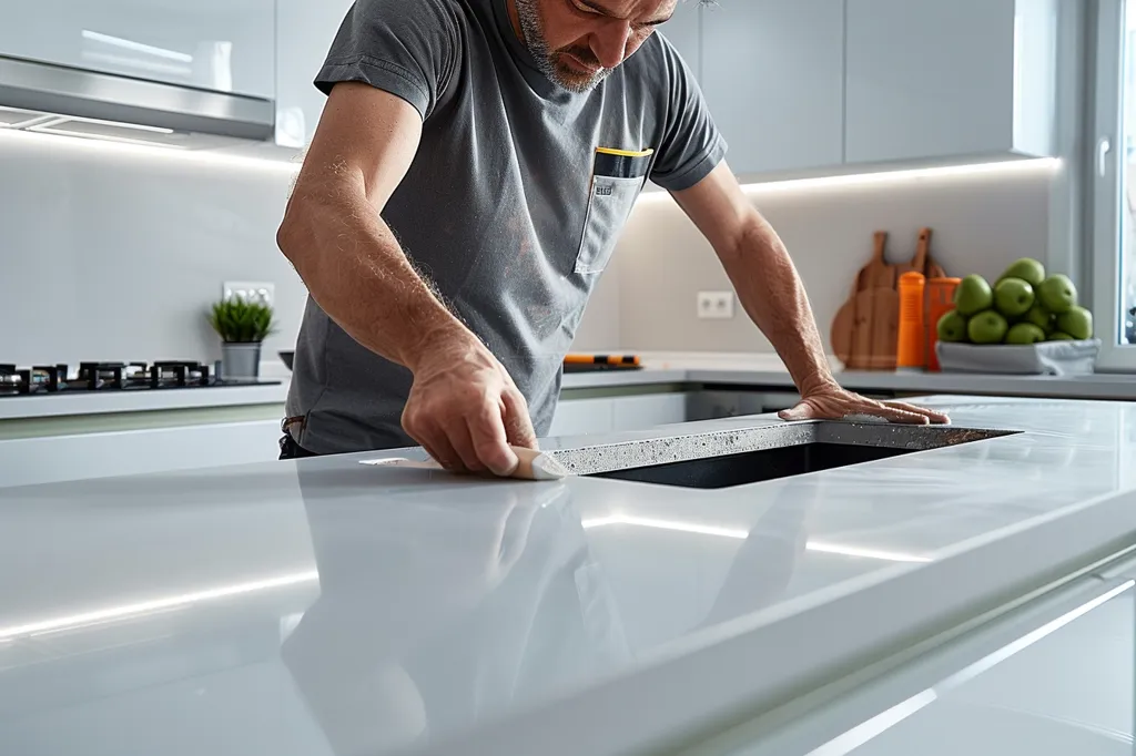 A man is working on a kitchen countertop, smoothing out the surface with a tool.  He is wearing a gray t-shirt and is focused on his work. The countertop is white and sleek, with a built-in sink. The kitchen is modern and well-lit, with white cabinets and a stainless steel stovetop.  A bowl of green apples and other kitchen items are visible in the background.