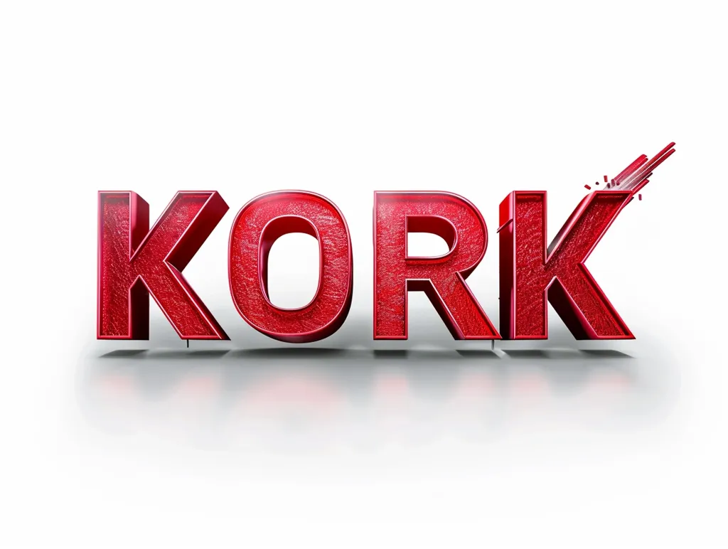 The word "KORK" is displayed in bold, 3D red letters against a white background. The letters are textured and have a slight sheen.  A thin, red, jagged line shoots off the top of the "K", creating a dynamic and energetic effect. The word is reflected slightly on the white surface below.  The image is simple yet eye-catching.
