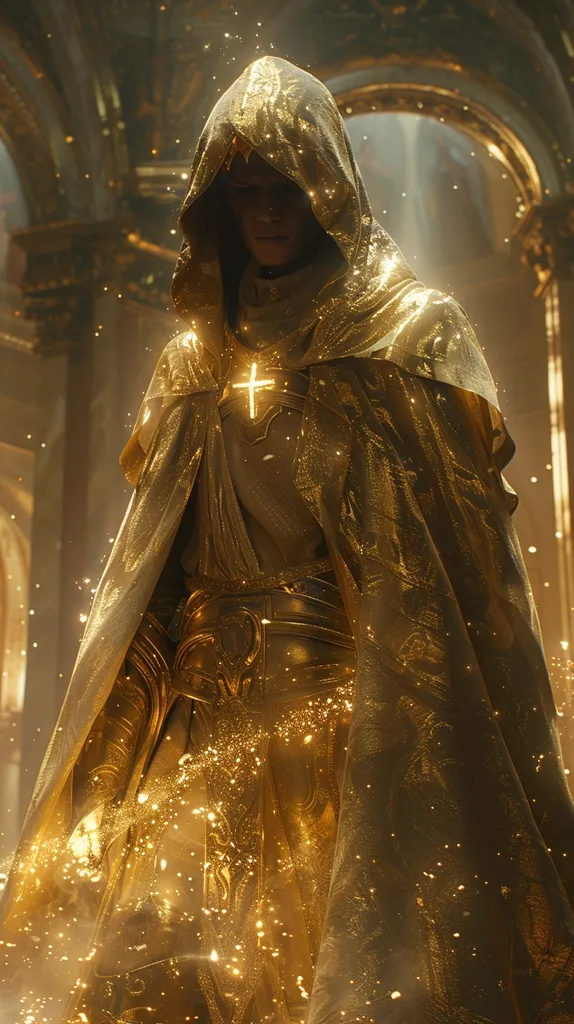 A figure cloaked in shimmering gold stands within a grand, golden hall. The hooded figure, adorned with a gleaming cross, is bathed in golden light, creating a mystical and ethereal atmosphere. The intricate details of the cloak and the ornate architecture add to the sense of grandeur and mystery.  The figure seems to be radiating a soft golden glow.