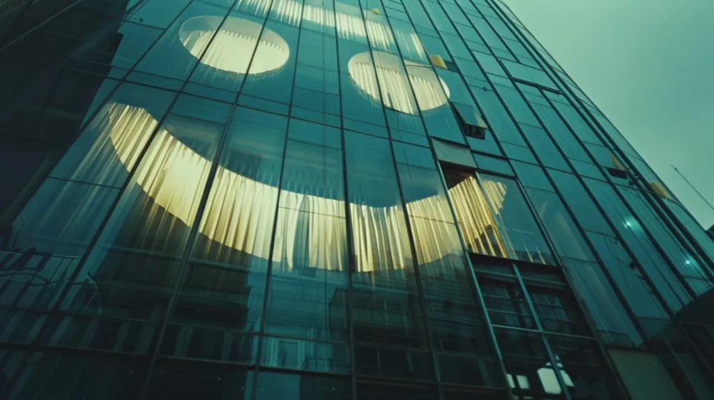 A tall glass building with a large, smiling face reflected in the windows. The smile is made up of large, round eyes and a wide, curved mouth. The building is sleek and modern, with a teal-green hue. The windows are reflective, catching the light and creating a shimmering effect. The overall mood is playful and upbeat, with the smile adding a sense of whimsy and joy.