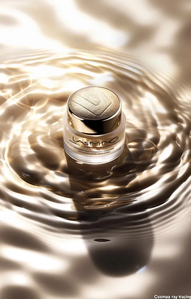 A small, gold-colored jar of face cream sits in the center of a swirling, rippling pool of liquid, casting a shadow on the surface below. The jar features a gold lid with a raised, embossed diamond design and the word "La Prairie" in elegant script. The liquid appears to be a rich, viscous serum or moisturizer, reflecting light in a luminous, golden hue. The image evokes a sense of luxury and skincare indulgence.