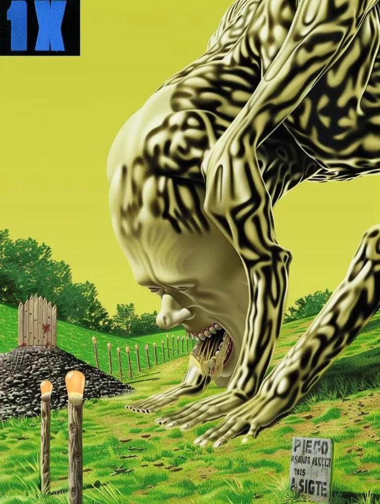 A grotesque, humanoid creature with a large mouth and jagged teeth is shown crawling toward a small dirt mound. The creature is made of swirling black and white patterns on a yellow background. The creature is in a grassy field, with a small fence and a tombstone in the foreground.  The image has a surreal, unsettling quality.
