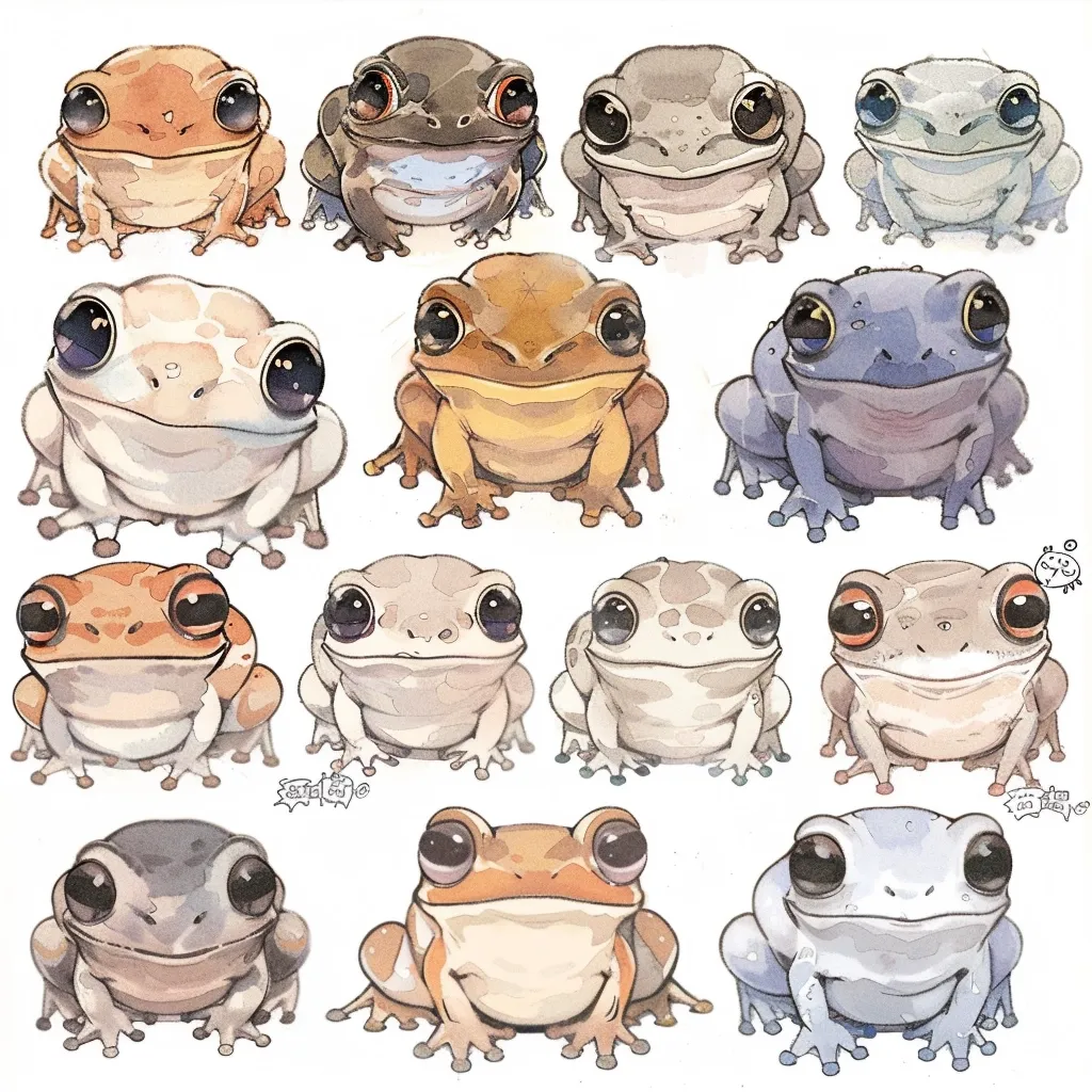The image features 13 cartoon frogs with large eyes, each with a unique color and pattern. They are all depicted sitting on a white background, looking directly at the viewer. The frogs have a variety of expressions, from neutral to slightly amused. The overall style is whimsical and charming.