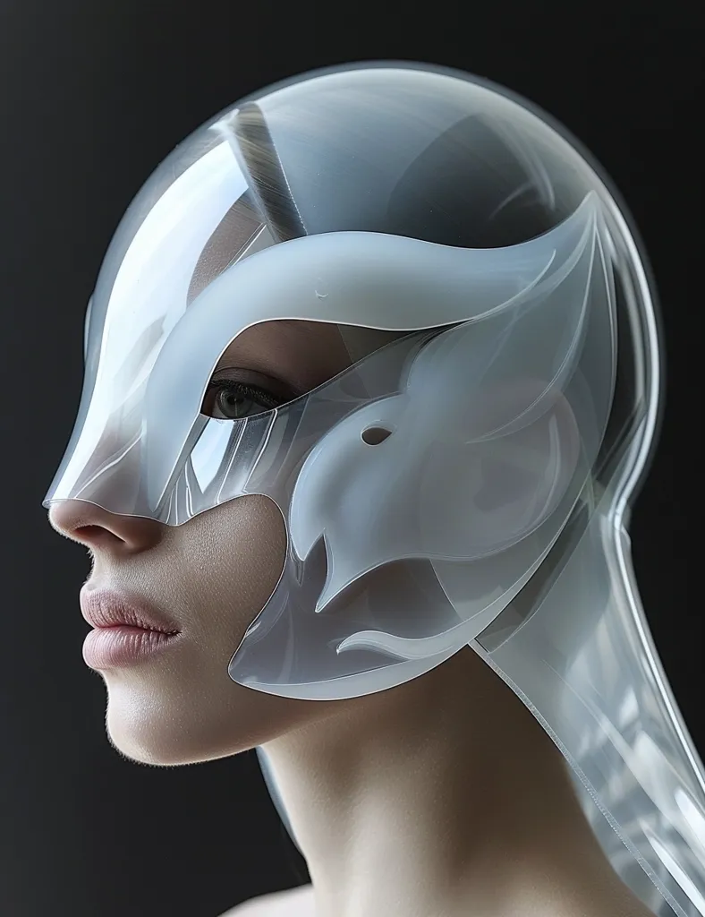 A person's face is obscured by a futuristic, translucent helmet. The helmet covers the entire head, with intricate, flowing lines and a stylized eye mask. The helmet has a smooth, glossy surface and is set against a dark backdrop. The person's lips are visible, suggesting a sense of mystery and the unknown.