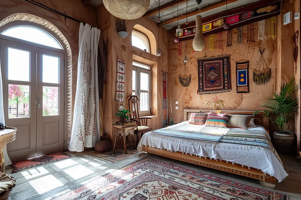 The image shows a cozy bedroom with an eclectic, bohemian style. The walls are a warm terracotta color and are adorned with colorful tapestries, woven rugs, and hanging decorations. A large bed with a white duvet and colorful throw blankets sits in the center of the room, surrounded by patterned rugs. Natural light streams in through two large arched windows, highlighting the textures and patterns of the room. The overall atmosphere is inviting and relaxed, with a sense of warmth and charm.