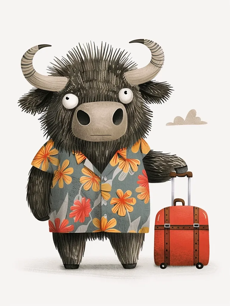 A furry black bull with large eyes is dressed in a tropical shirt and is pulling a red suitcase. It is a cartoon illustration with a whimsical style. It is set against a white background with a small cloud in the upper right corner.  The bull is looking at the viewer with a slightly confused expression.