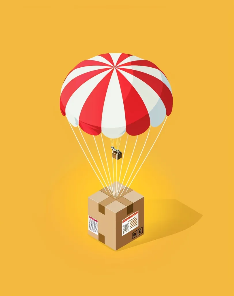 A red and white striped parachute descends towards a brown cardboard box on a yellow background. The box has labels and a barcode. The image is a playful and creative representation of a package being delivered. It suggests a sense of excitement and anticipation for the arrival of something special.