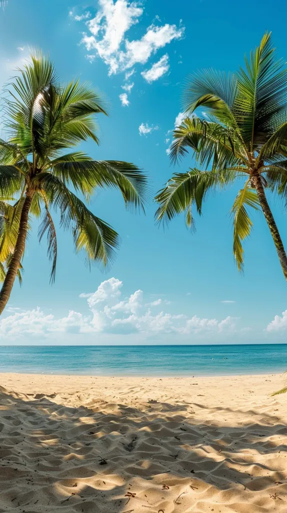 Two palm trees frame a picturesque tropical beach scene. The lush green foliage and blue sky with fluffy white clouds create a vibrant and serene ambiance. The clear turquoise water laps gently at the shore, inviting relaxation and tranquility. The golden sand stretches out before the viewer, offering a tranquil escape from the everyday.