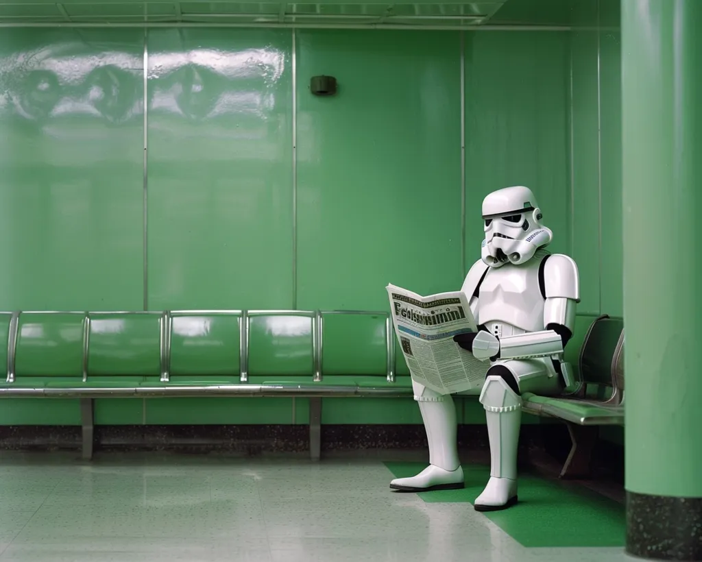A Stormtrooper sits on a green bench in a subway station, reading a newspaper. The station is sparsely decorated with a few silver benches and green walls. The Stormtrooper's white armor stands out against the green background, and the scene has a surreal and humorous quality.