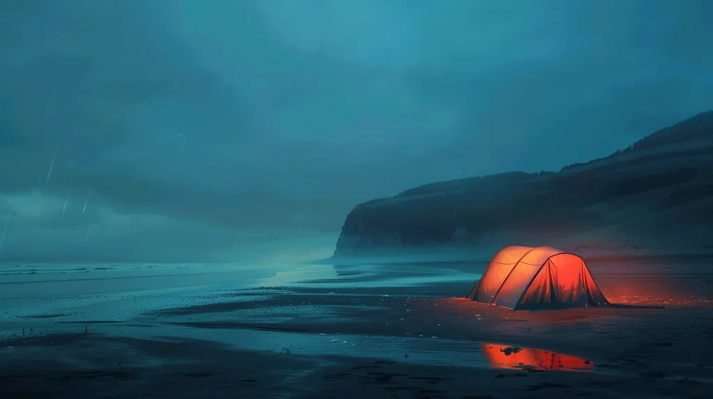 A single tent glows with warm light on a deserted beach at night.  The sky is a deep blue, speckled with stars and streaked with faint rain.  A low hill stands in the distance, while the calm water reflects the twilight sky. The scene is serene and inviting, suggesting solitude and tranquility.