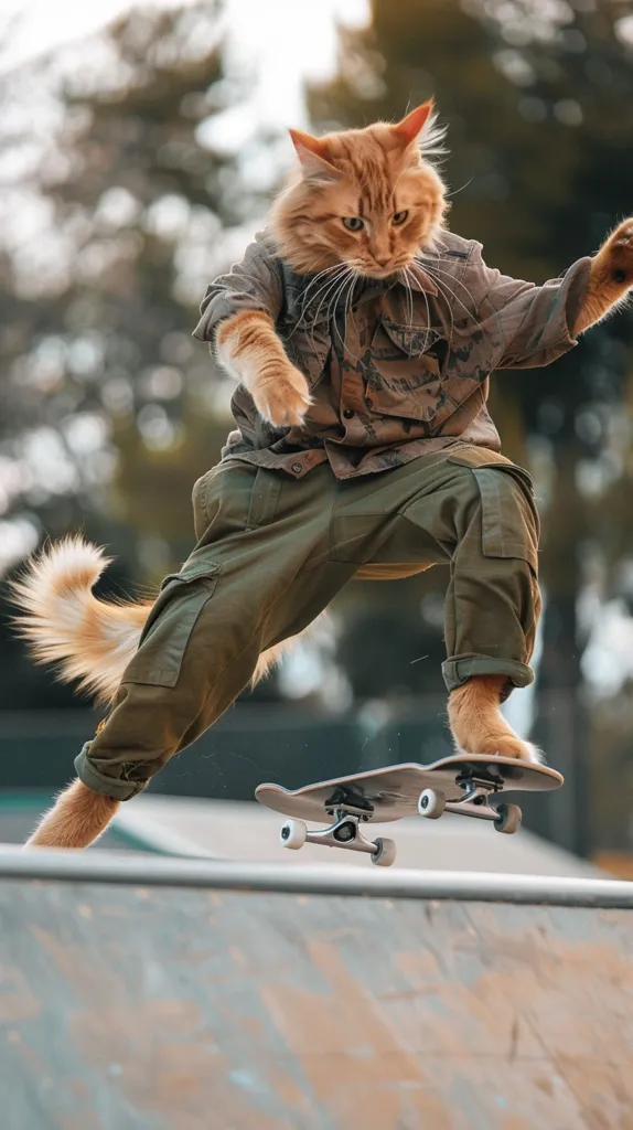 A ginger cat, dressed in camouflage pants and a shirt, is mid-air while skateboarding. It has its front paws outstretched, as if performing a trick. The cat's tail is swishing behind it. The skateboard is in the air, just above a skate ramp.  The background is out of focus, with green trees visible.
