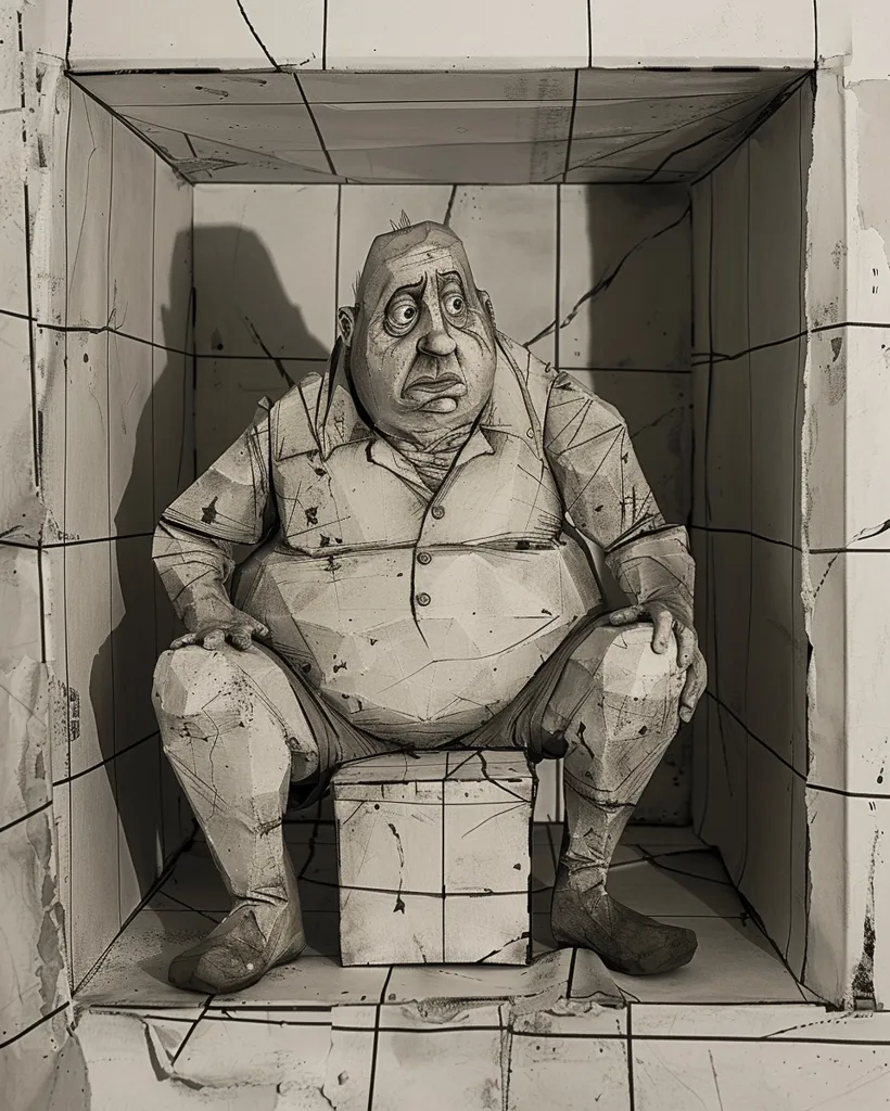 A paper sculpture of a man with a large head and a distressed expression sits in a square box made of paper tiles. The sculpture has a three-dimensional, layered look and appears to be made of white and grey paper. The man is wearing a button-up shirt and pants and is sitting on a box. The overall effect is of a stylized, minimalist representation of a person.