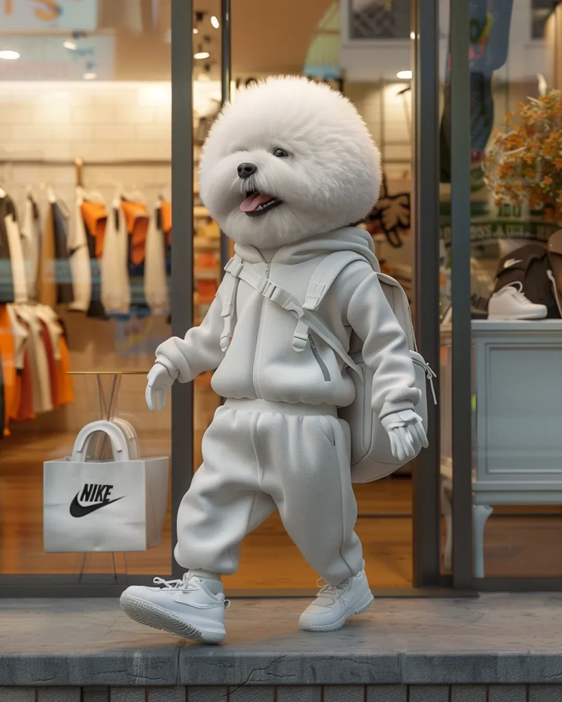 A fluffy white dog, dressed in a white tracksuit and carrying a backpack, walks down the sidewalk in front of a store. The dog has a happy expression on its face, and its tongue is sticking out. There is a white shopping bag with the Nike logo on the ground next to the dog. The scene is bright and cheerful.