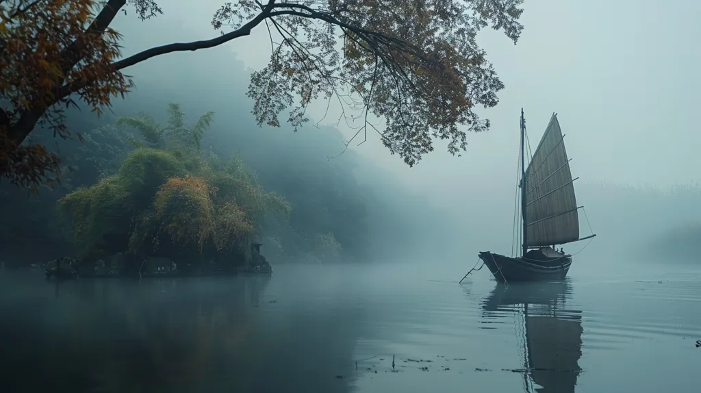A traditional wooden sailboat with a large sail glides peacefully through a misty lake. Lush greenery and a dense fog shroud the surrounding landscape, creating a serene and ethereal atmosphere.  The branches of a tree, silhouetted against the sky, extend towards the horizon. The reflection of the boat and the surrounding trees creates a mirror-like image on the water's surface.