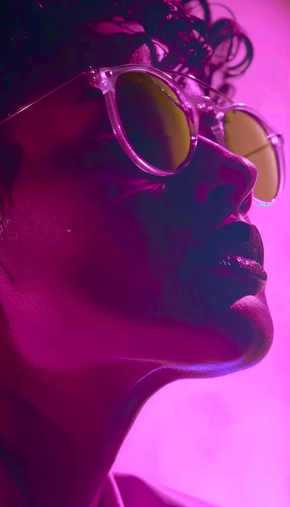The image is a close-up portrait of a person wearing sunglasses. The person is looking up and to the right, with their face illuminated in a bright, pink light. The sunglasses are large and round, with a clear frame. The person's lips are slightly parted, and their expression is serene. The background is a blurred pink color, creating a soft and dreamy atmosphere. The image captures a moment of tranquility and introspection.