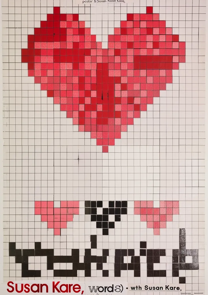 The poster features a large red heart shape made of small squares, against a white grid background. Below the heart are three smaller pixelated hearts, one red and two black. The text "Susan Kare, word(s) with Susan Kare" is at the bottom of the poster. The overall design is simple and geometric.