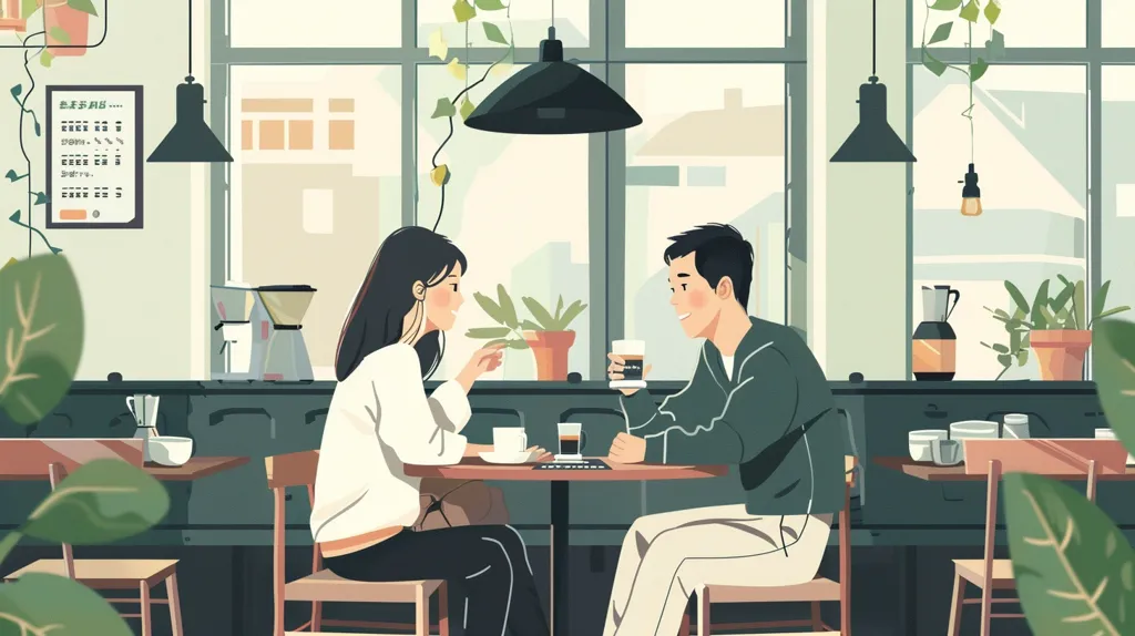 A young couple sits at a cafe table, enjoying coffee and conversation. Sunlight streams in through large windows, illuminating the cafe's warm and inviting atmosphere. Green plants hang from the ceiling, adding a touch of nature to the space. The couple appears to be lost in their conversation, their faces lit with smiles.  The image evokes a sense of intimacy and warmth, suggesting a comfortable and loving relationship.
