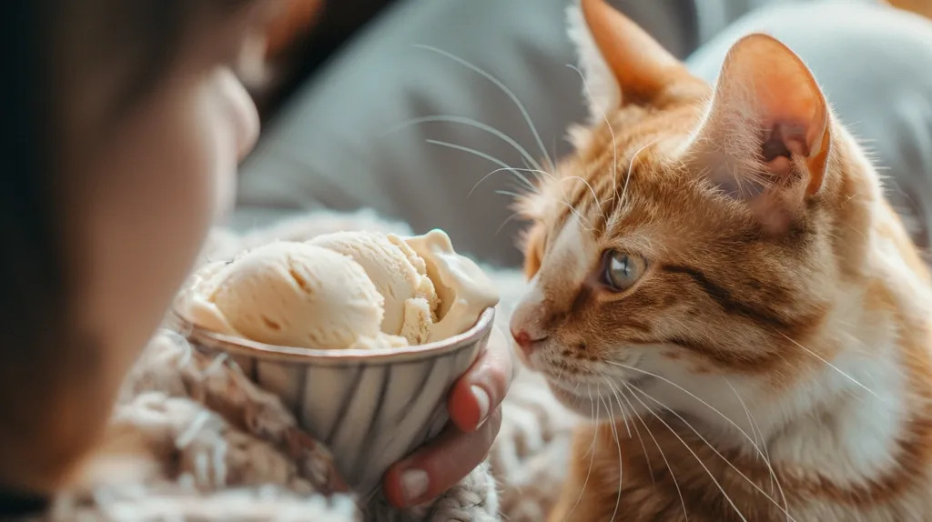 A person is holding a bowl of vanilla ice cream. A ginger and white cat sits next to them and gazes intently at the ice cream. The cat's whiskers are visible and its eyes are focused on the treat. The person is wearing a cozy sweater and the setting appears to be indoors. The image suggests a playful interaction between the person and the cat.