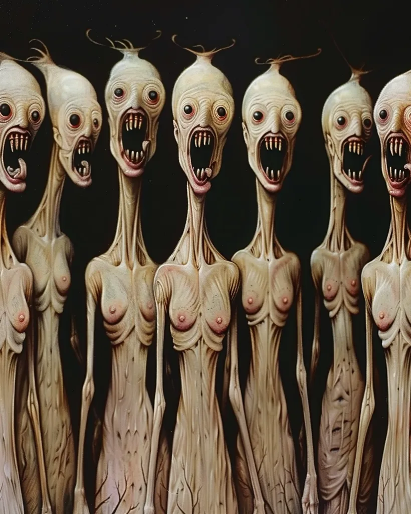 The image depicts seven slender, humanoid figures with elongated limbs and grotesquely distorted faces. Their skin is pale and stretched taut, revealing a network of veins and tendons. Their eyes are wide and vacant, while their mouths are open in a silent scream, revealing rows of sharp teeth. The figures stand in a line, their bodies tightly packed together, their expressions conveying a sense of terror and unease. The overall tone of the image is disturbing and unsettling.