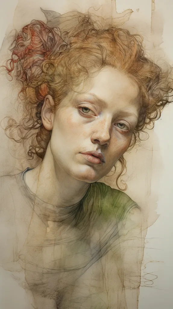 The image is a watercolor painting of a young woman with long, curly reddish-brown hair.  She has fair skin, large green eyes, and is wearing a green and grey garment.  The artist has used a muted palette of browns and greens, and the woman's expression is wistful.  The background is a light wash of brown, suggesting a soft, diffuse light.