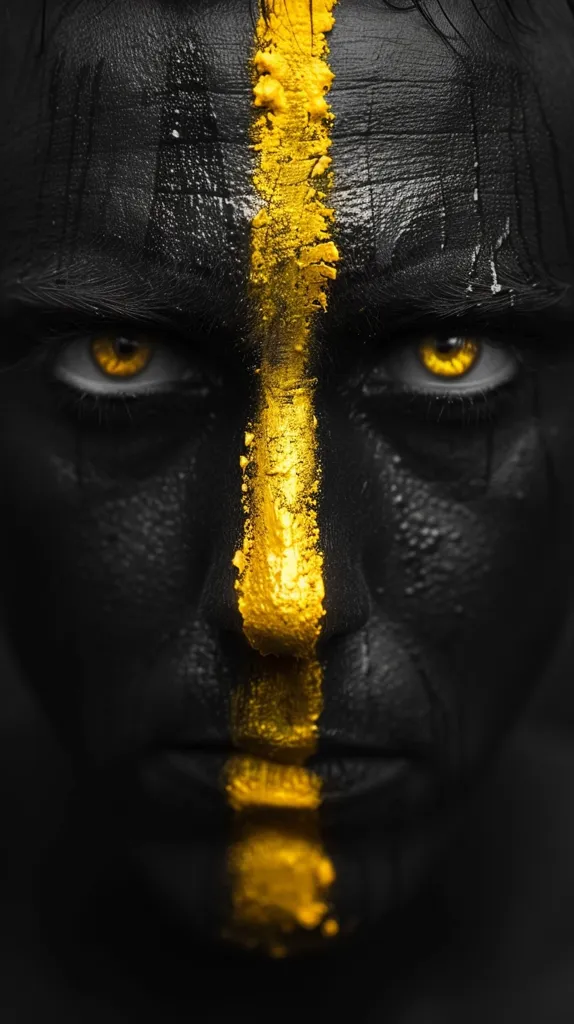 A close-up of a person's face painted black with a bold yellow line down the center. The person's eyes are intensely focused and the lips are pursed in a serious expression. The yellow line creates a stark contrast against the black paint, highlighting the face's features.  The image is moody and dramatic.