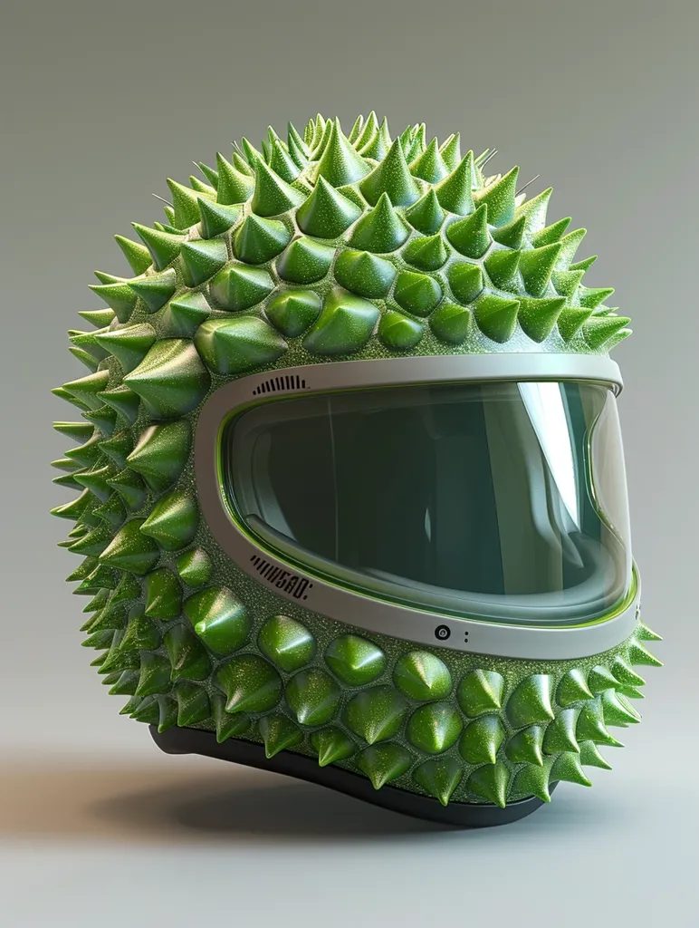 A motorcycle helmet designed to look like a durian fruit. The helmet is green and has many sharp, pointy spikes. The visor is clear and allows for visibility. The helmet is a unique and interesting design.