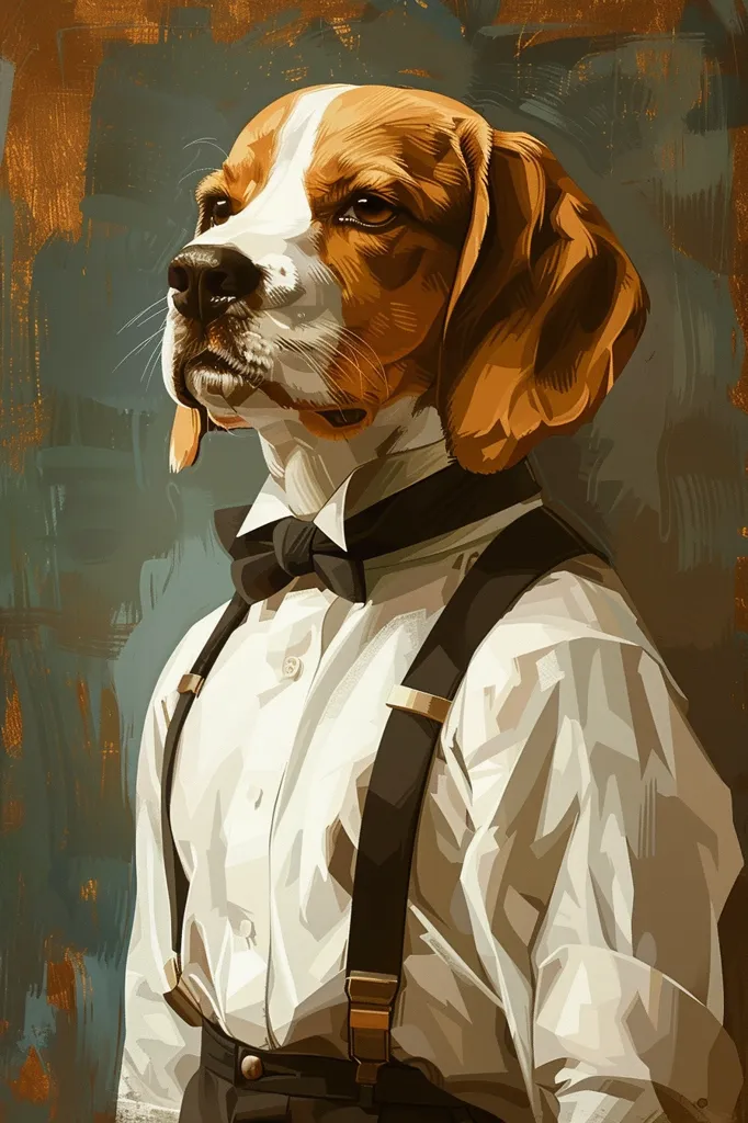 A Beagle dog is dressed in a white shirt, black bowtie and suspenders. The dog has a serious expression and is looking to the side. The background is a textured, light green, brown and blue color. The dog appears to be a gentleman.  The image is a digital painting.