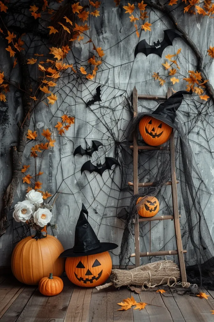 A rustic Halloween scene with pumpkins, a witch's hat, a ladder, and a broom. A large pumpkin with a witch's hat sits on the ground next to a smaller jack-o-lantern. The ladder is covered in black fabric and adorned with a pumpkin. Cobwebs and autumn leaves decorate the background. The scene is illuminated by a soft light, casting warm shadows.
