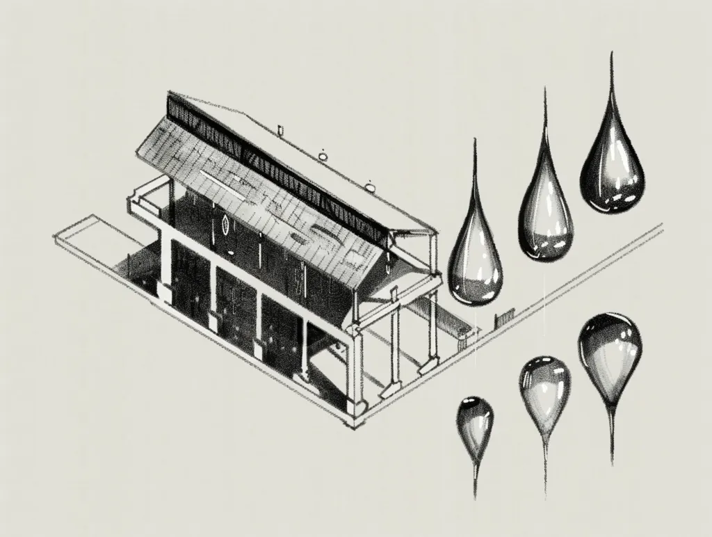 The image is a black and white sketch of a building with a flat roof. The building is drawn in an isometric perspective and is surrounded by teardrop shapes. There are six teardrops in total, and they appear to be falling from the top of the image. The sketch is drawn in a simple, minimalist style.