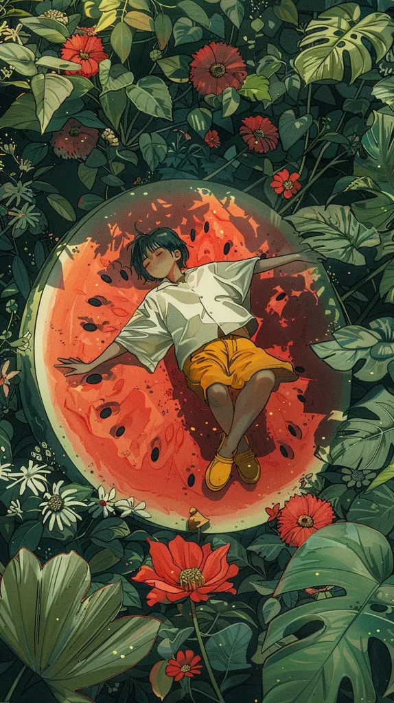 A young woman with dark hair, wearing a white shirt and yellow shorts, lays asleep on a giant, red watermelon. The watermelon is surrounded by lush green foliage and vibrant flowers, creating a serene and whimsical scene. The overall composition suggests a dreamlike atmosphere, evoking a sense of peace and tranquility.
