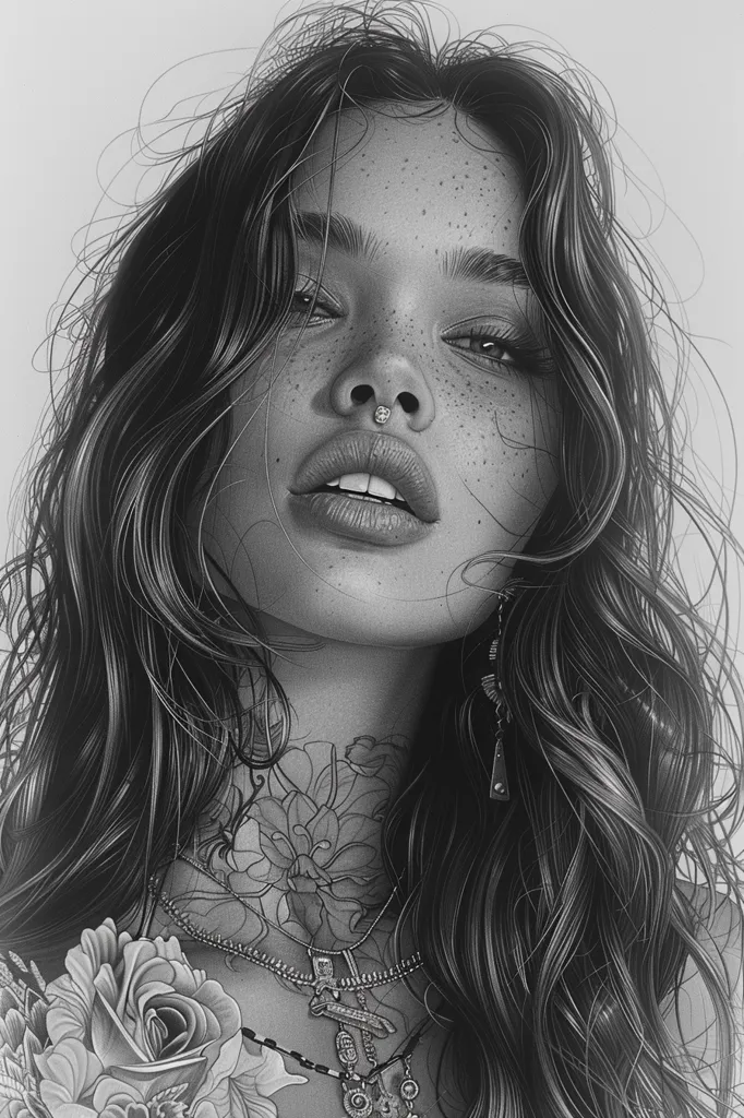 The image is a black and white drawing of a woman with long, flowing hair. She has a nose ring, a few freckles, and is wearing jewelry around her neck. She is looking up and to the right, and her lips are slightly parted. The drawing is very detailed and realistic. The woman's expression is calm and serene. The focus is on her face and hair.