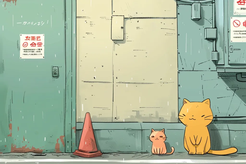 Two cartoon cats are sitting in front of a building. The building is a light green and beige with metal panels on the side. There is a sign on the wall with Japanese writing. The larger cat is orange with a white face and the smaller cat is orange with white paws. The ground is grey. An orange traffic cone is in the foreground. The scene is set in a rainy day.