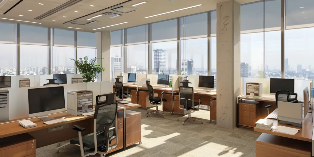 A modern office space with large windows overlooking a city skyline. The office is well-lit and furnished with several workstations, each equipped with a computer and a comfortable chair. There are also plants and dividers to create a more inviting and private work environment. The overall ambiance is clean and professional.