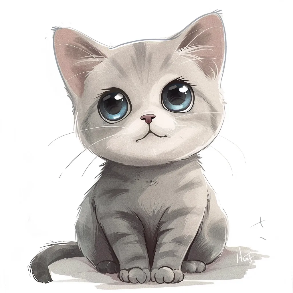 The image shows a cute, cartoon-style kitten with large, blue eyes. The kitten is sitting on its haunches, with its tail curled around its back. It has soft, gray fur and a pink nose. The background is white, emphasizing the kitten's cuteness. The overall style is whimsical and playful, evoking a sense of innocence and joy.