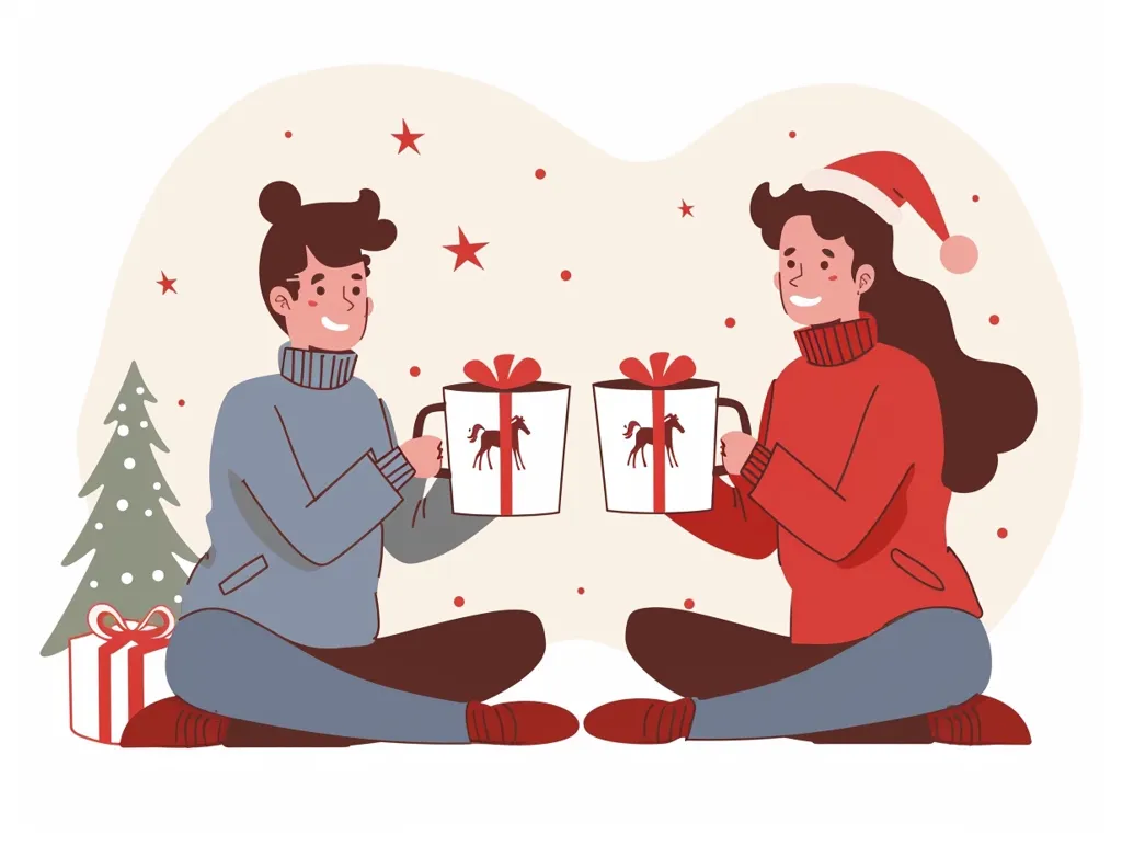 Two friends, a man in a blue sweater and a woman in a red sweater with a Santa hat, are sitting on the floor with their legs crossed, smiling at each other while holding mugs decorated with Christmas presents and a silhouette of a horse. A small Christmas tree and a gift box are in the background. The scene is decorated with red stars, suggesting a festive Christmas setting. The illustration is cheerful and festive, capturing the spirit of Christmas and friendship.