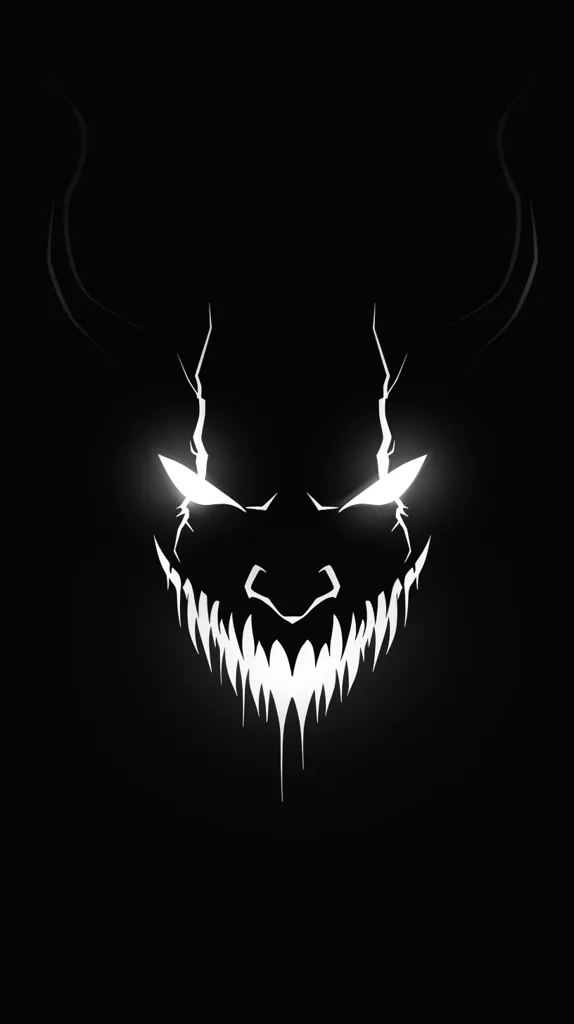 The image depicts a demonic face, rendered in stark white against a pitch-black background.  The creature's eyes glare menacingly, and its mouth is contorted into a grotesque, wide grin, showcasing rows of sharp teeth.  The overall effect is one of sinister power and malevolence.