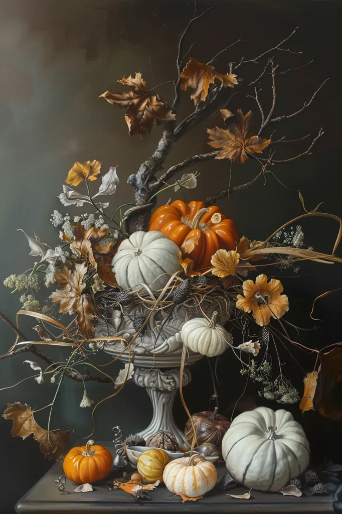 The painting is a still life featuring a variety of gourds and pumpkins arranged in a stone urn with dried branches, leaves, and flowers.  A single orange pumpkin sits prominently in the center of the arrangement, while others are scattered around the base of the urn. The autumnal colors are vibrant, creating a sense of warmth and abundance.  The overall mood is one of quiet beauty and gentle decay.
