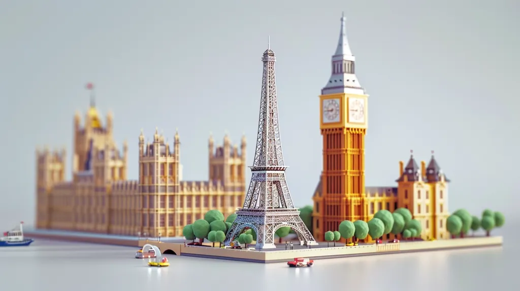 A miniature, pixelated diorama of iconic landmarks from London and Paris. The Eiffel Tower stands proudly in the center, flanked by Big Ben and the Houses of Parliament. Small trees and a miniature boat add to the scene's charm. The white background creates a clean and simple aesthetic.