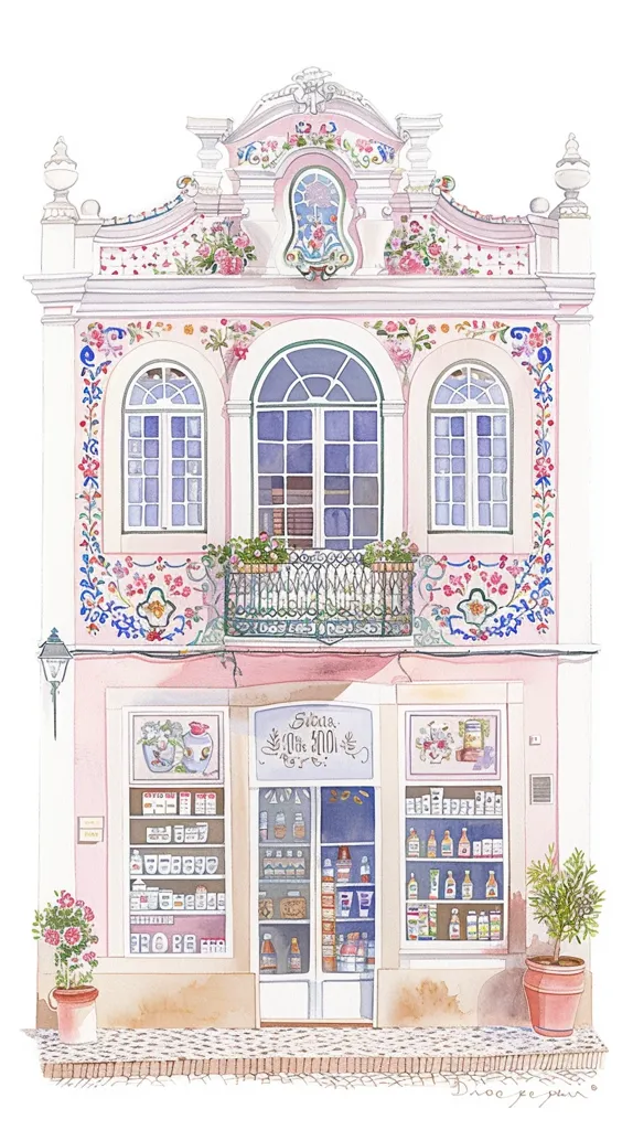 The illustration depicts a charming, pink-hued building adorned with intricate floral designs. The building appears to be a shop, featuring a large storefront window displaying rows of bottles and jars. A balcony with wrought-iron railings graces the second floor, overlooking a street paved with cobblestones. The artwork is rendered in a watercolor style, creating a soft and whimsical feel.