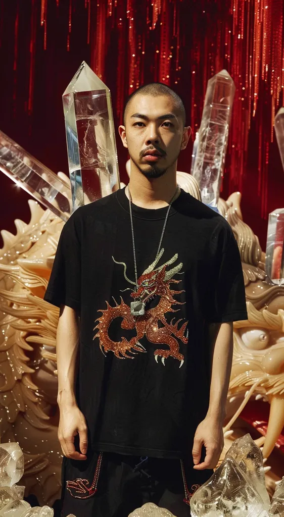 A young man with short dark hair stands in front of a red and white background adorned with large crystal formations. He wears a black t-shirt featuring a large, rhinestone-encrusted dragon design, and a silver chain necklace. His expression is serious, and his hands are clasped together in front of him. The image has a dramatic and slightly mysterious atmosphere.