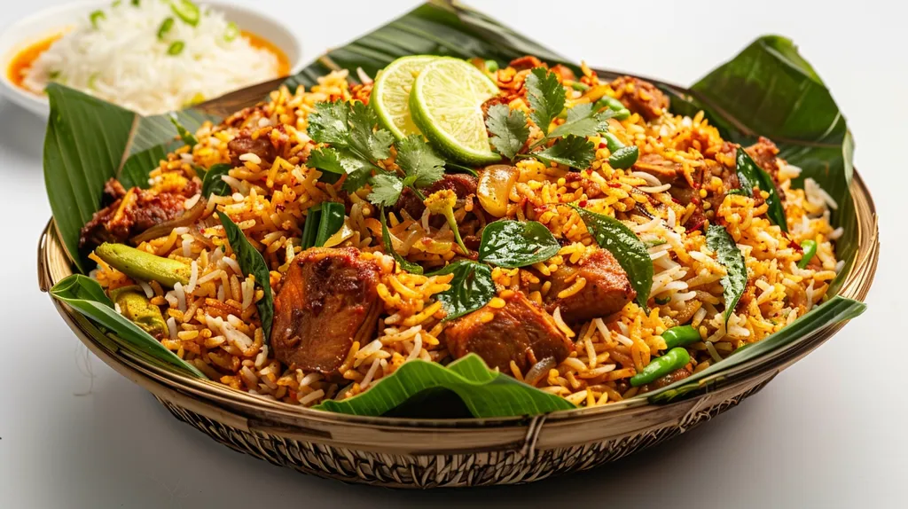 A large bowl of biryani, a popular South Asian dish, is presented with a white background. The biryani is made with rice, meat, and spices, and is garnished with cilantro, lime wedges, and green chili peppers. The biryani is served in a woven basket lined with banana leaves, creating a visually appealing and fragrant meal.