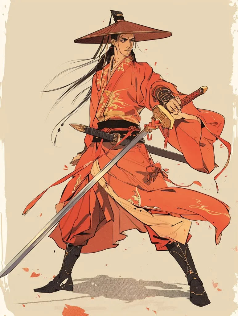 A warrior in a red robe and wide-brimmed hat stands with a sword in hand. His long black hair flows behind him. The warrior appears ready for battle, his expression focused and determined. The background is a simple beige, allowing the warrior to stand out. The image is drawn in a stylized, manga-inspired style.