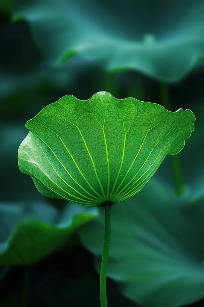 A single, large, green lotus leaf stands out against a backdrop of blurred, green foliage. The leaf's intricate veins are visible, radiating from the center. The light catches the leaf's surface, creating a sense of depth and texture. The image evokes feelings of tranquility and natural beauty.